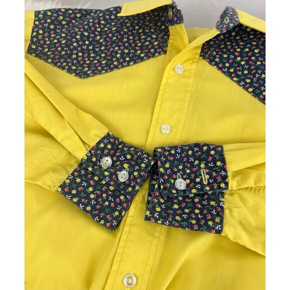 Vintage Retro Western Button Down Shirt Yellow Blue Ditzy Floral Single Stitch - Picture 8 of 12
